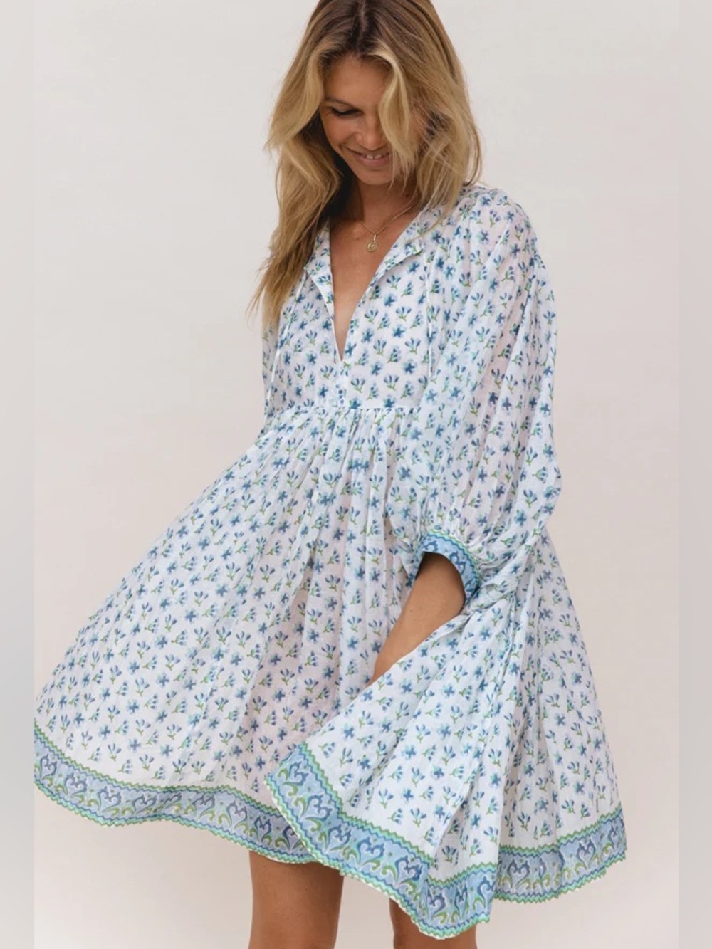 Daughters of India White Mini Dress with Blue & Green Floral Print